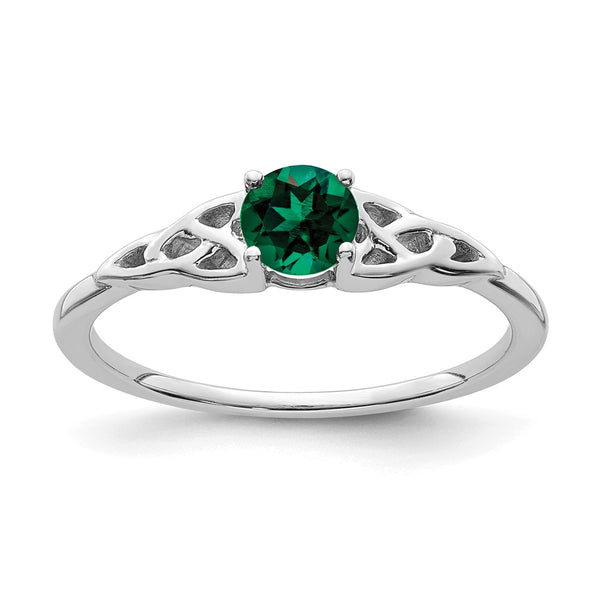 14K White Gold Celtic Knot Ring with Created Emerald