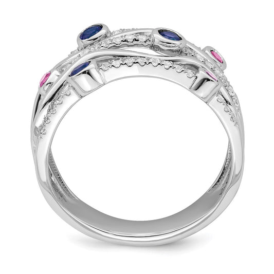High-Quality 14K White Gold Wavy Ring with Lab Diamonds & Sapphires - Stylish Value