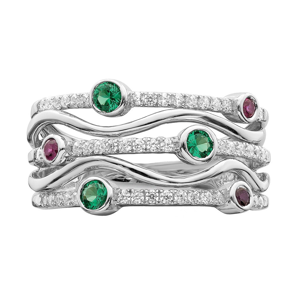 High-Quality 14K White Gold Wavy Ring with Lab Diamonds & Sapphires - Stylish Value