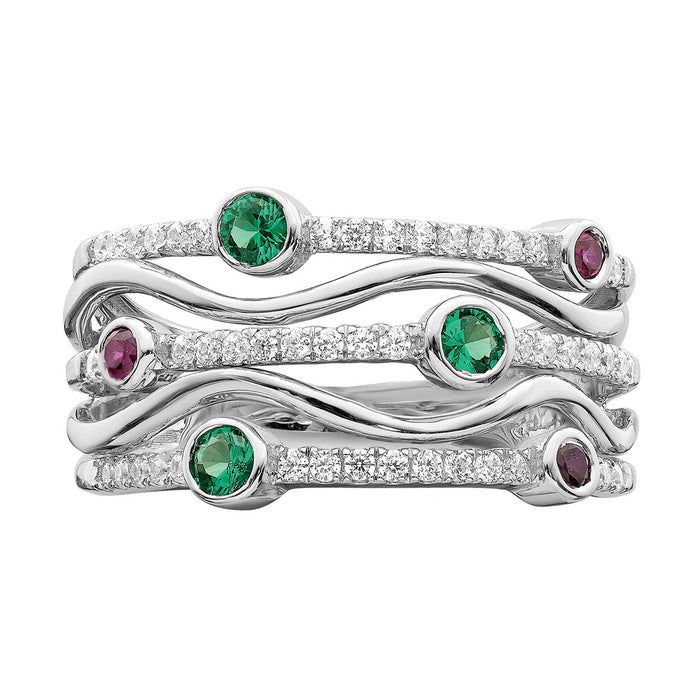 High-Quality 14K White Gold Wavy Ring with Lab Diamonds & Sapphires - Stylish Value-4