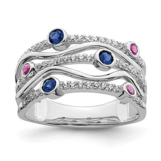 High-Quality 14K White Gold Wavy Ring with Lab Diamonds & Sapphires - Stylish Value