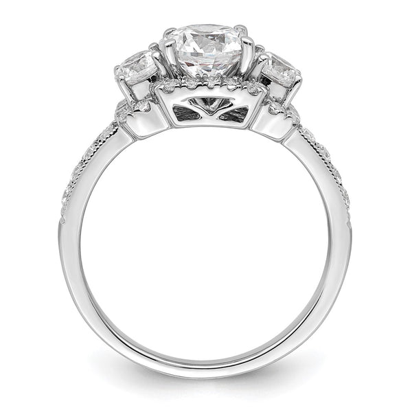 14K White Gold 3-Stone Halo Semi-Mount Engagement Ring, 1 Carat