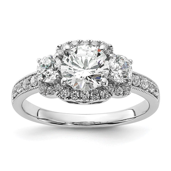 14K White Gold 3-Stone Halo Semi-Mount Engagement Ring, 1 Carat