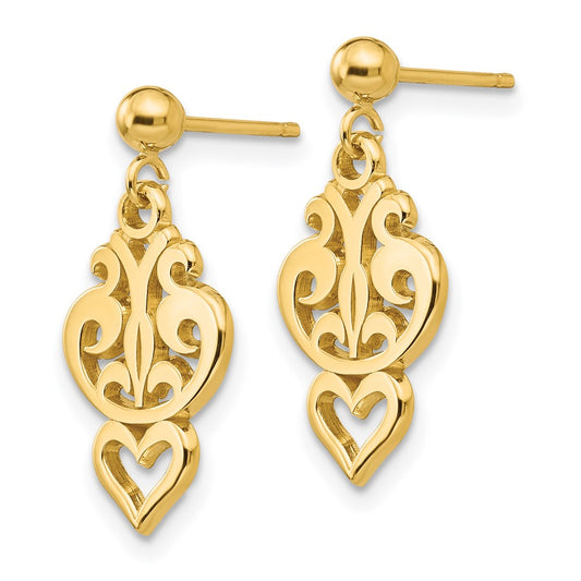 Buy Exclusive 14K Gold Polished Filigree Heart Dangle Earrings - Stylish and Affordable