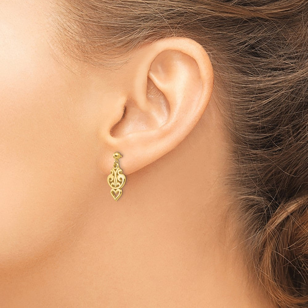 Buy Exclusive 14K Gold Polished Filigree Heart Dangle Earrings - Stylish and Affordable