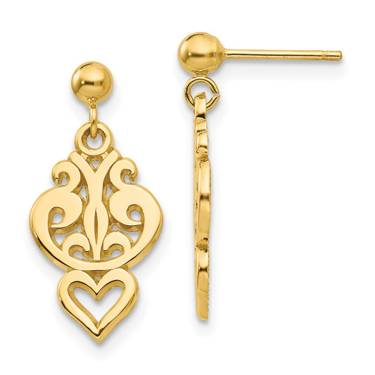 Buy Exclusive 14K Gold Polished Filigree Heart Dangle Earrings - Stylish and Affordable
