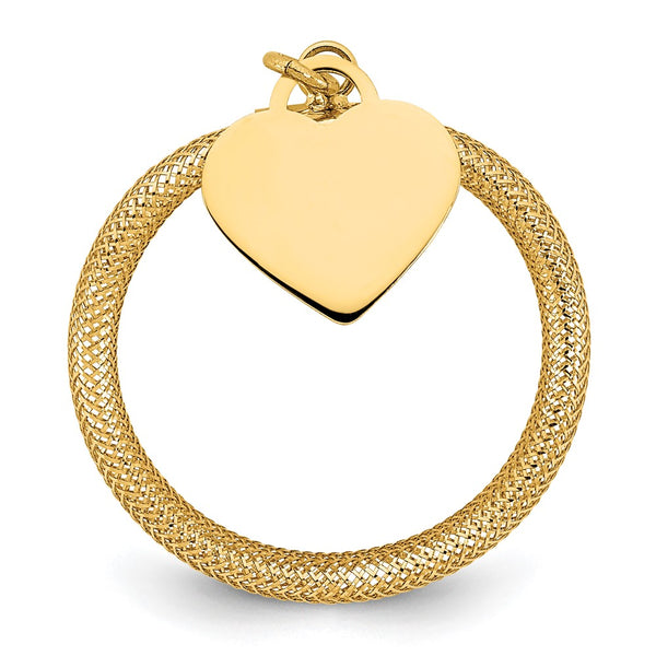 14K Gold Polished Heart Charm Ring - Woven Mesh Stretch