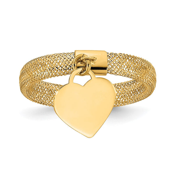 14K Gold Polished Heart Charm Ring - Woven Mesh Stretch