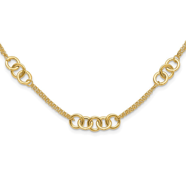 14K Polished Double Strand Interlinked Circle Necklace - 18" Length