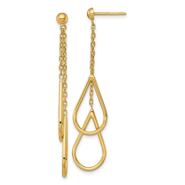 14K Gold Double Teardrop Dangle Earrings - Chain Post