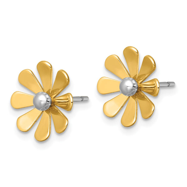 14K Gold Polished Daisy Earrings 0.85mm with Rhodium Center