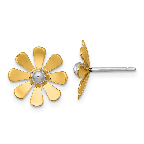 14K Gold Polished Daisy Earrings 0.85mm with Rhodium Center
