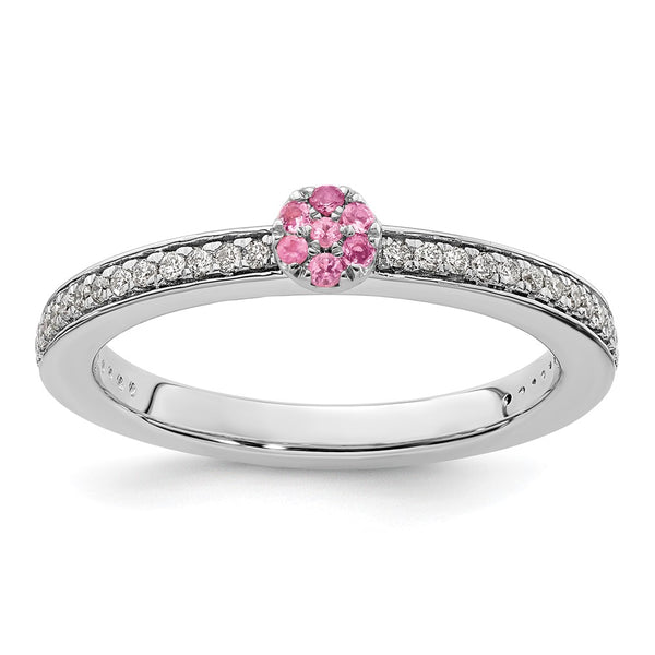 14K White Gold Stackable Ring with Pink Tourmaline & Diamonds