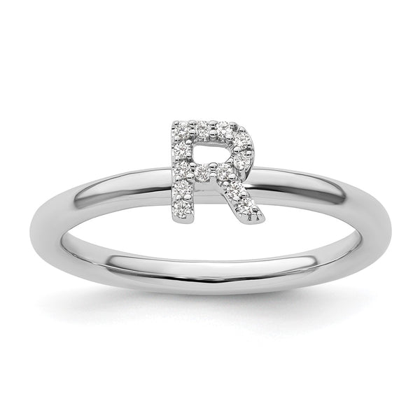 14K White Gold Stackable Diamond "R" Initial Ring - 0.85mm