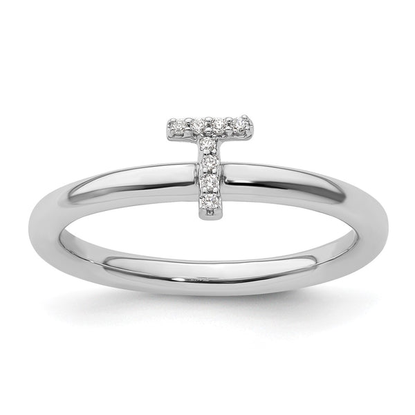 14K White Gold Diamond Initial T Stackable Ring