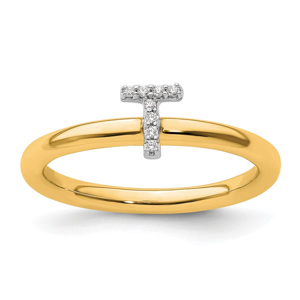 14K Gold Stackable Diamond Initial T Ring