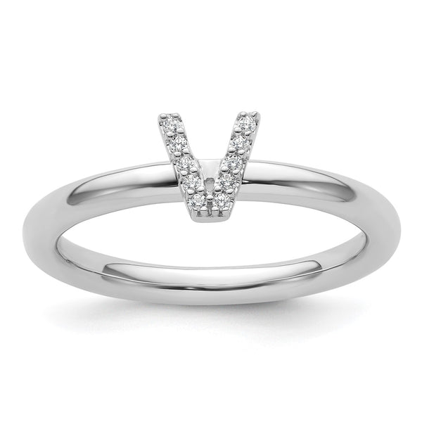 14K White Gold Diamond Initial V Stackable Ring