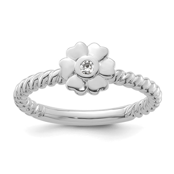 14K White Gold Twisted Flower Diamond Stackable Ring