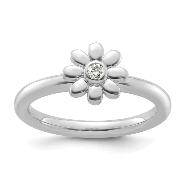14K White Gold Diamond Flower Stackable Ring - Size