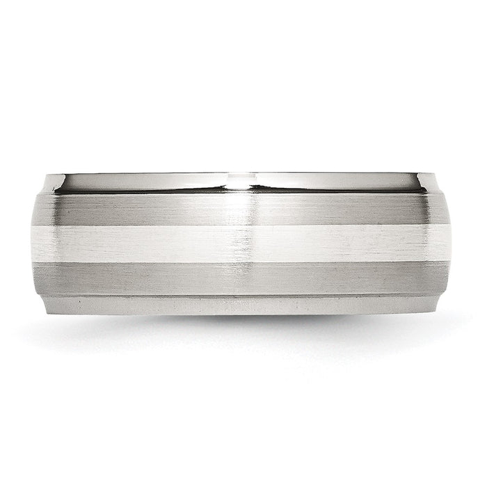 High-Quality 8mm Chisel Ridged Edge Band | Stylish Stainless Steel & Silver Inlay-3