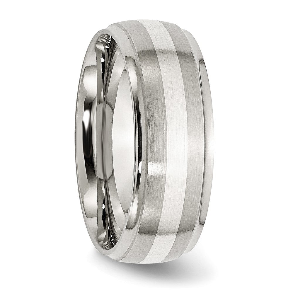 Exclusive 8mm Chisel Ridged Edge Band - Stylish Stainless Steel & Silver Inlay