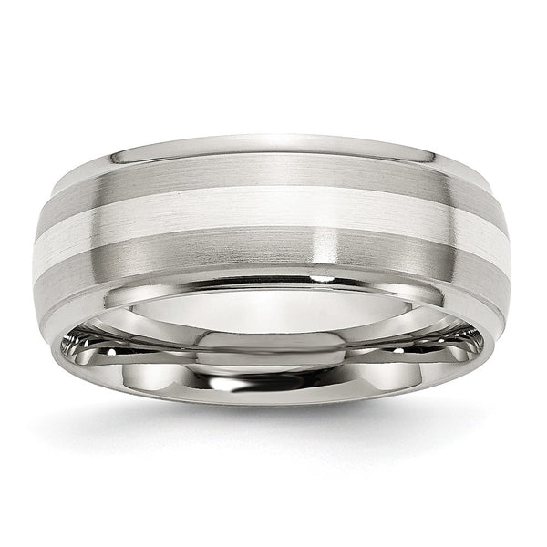 8mm Chisel Ridged Edge Band in Stainless Steel & Sterling Silver