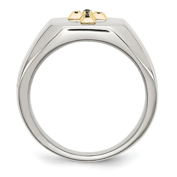 Polished Stainless Steel Signet Ring with 14K Gold & Sapphire Cross