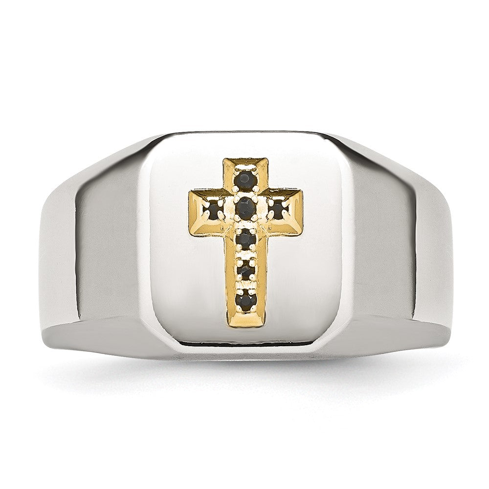 High-Quality Polished Stainless Steel Signet Ring with 14K Gold & Sapphire Cross
