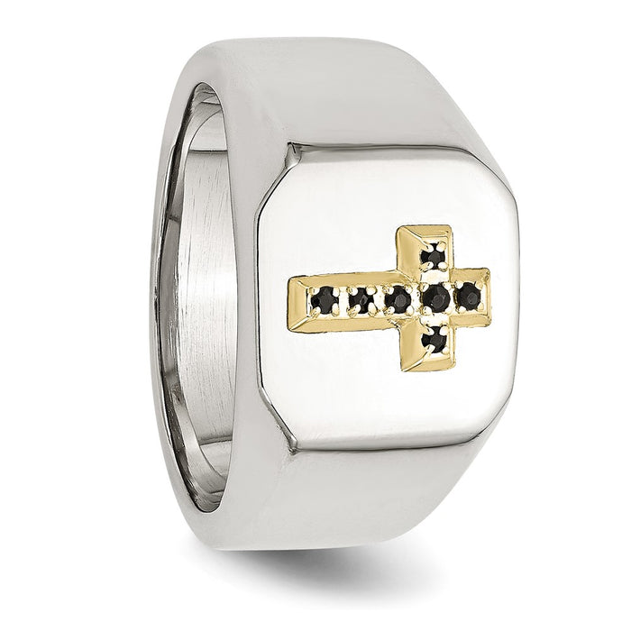 High-Quality Polished Stainless Steel Signet Ring with 14K Gold & Sapphire Cross-5