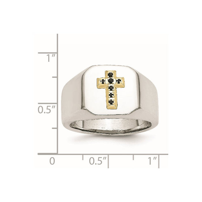 High-Quality Polished Stainless Steel Signet Ring with 14K Gold & Sapphire Cross-7