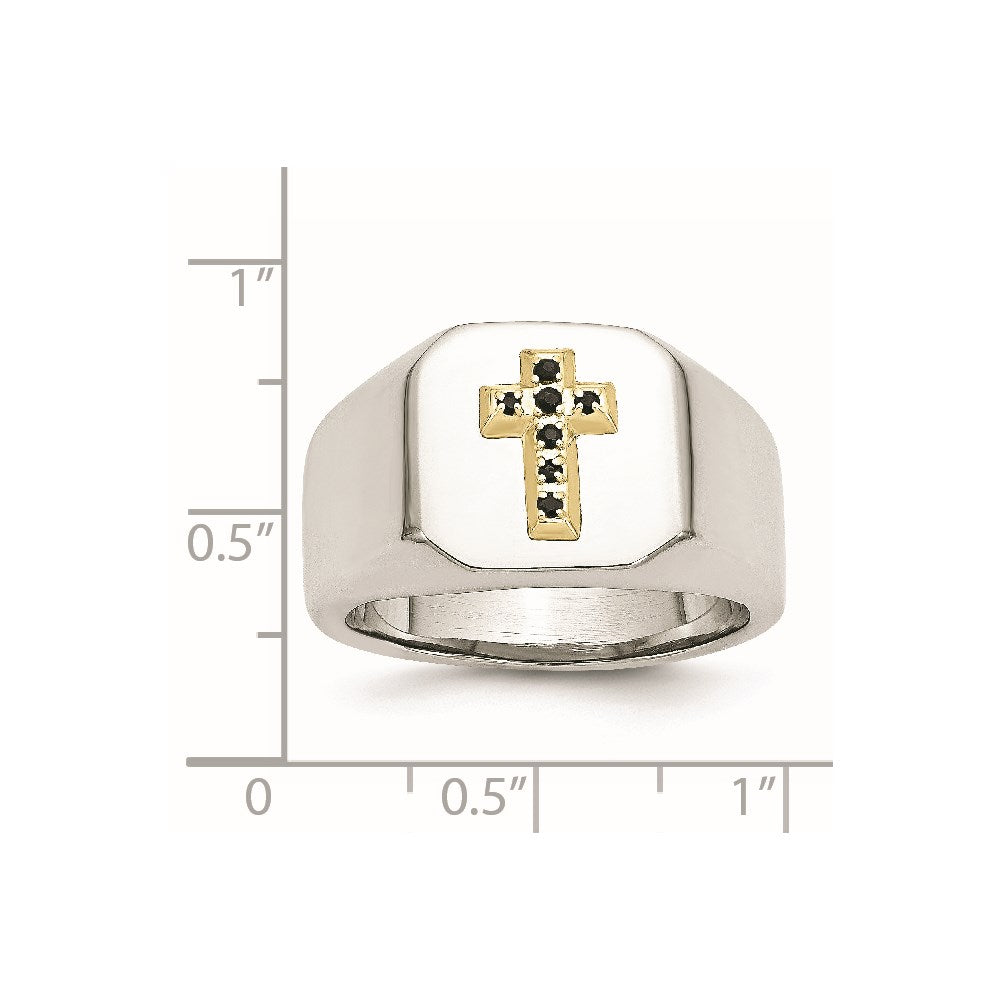 Shop Stylish Polished Stainless Steel Signet Ring with 14K Gold & Sapphire