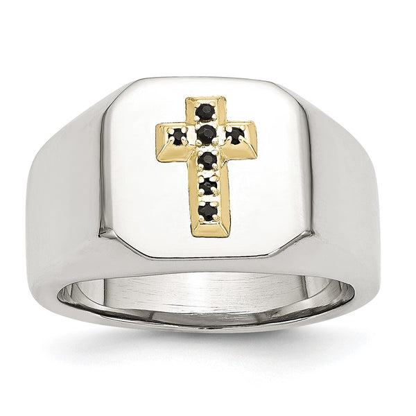 Polished Stainless Steel Signet Ring with 14K Gold & Sapphire Cross