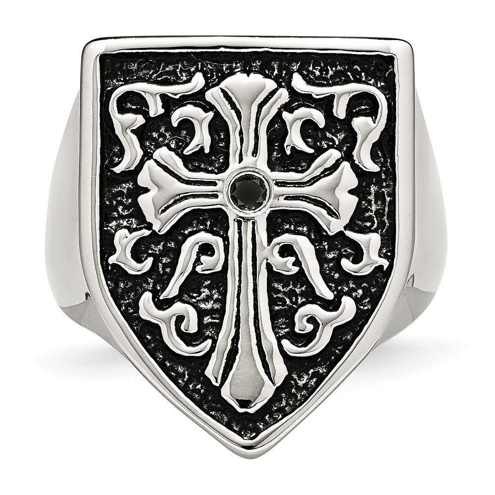 Buy Exclusive Antiqued Shield Ring with Black Diamond & Stainless Steel Cross