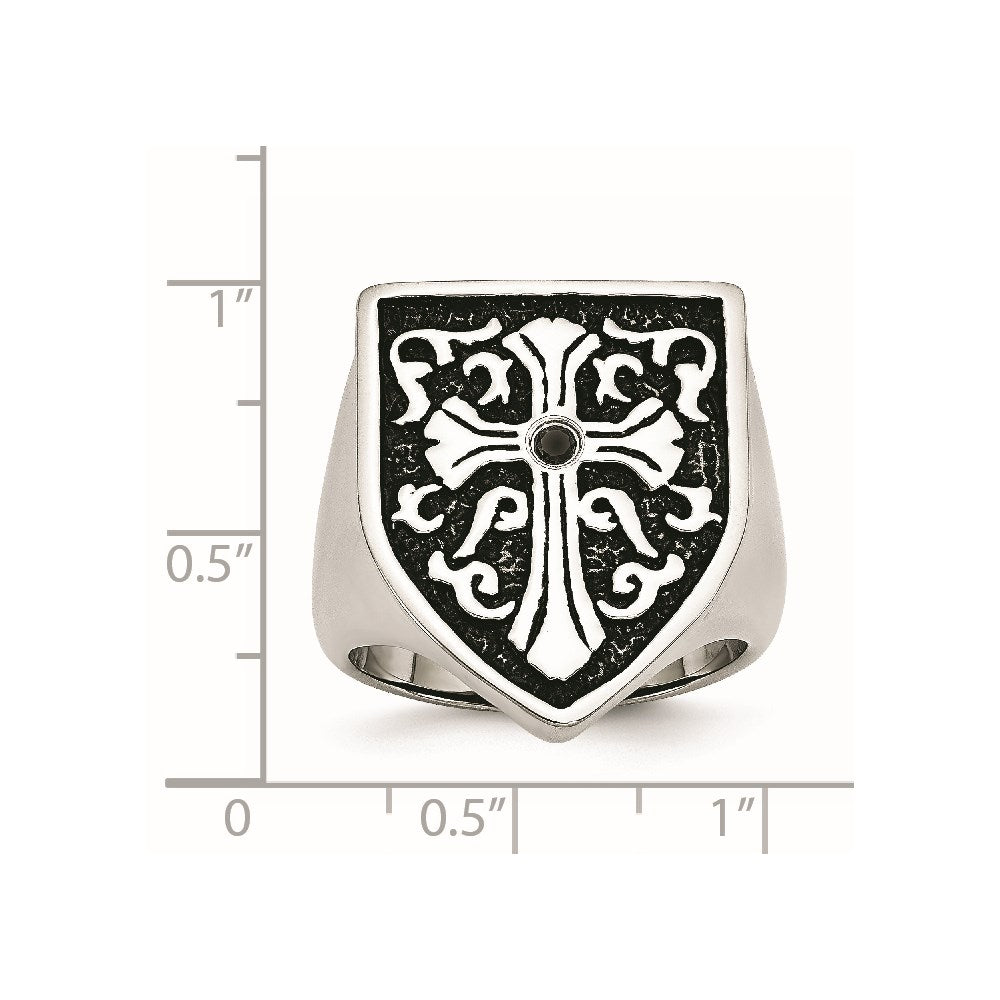 Buy Exclusive Antiqued Shield Ring with Black Diamond & Stainless Steel Cross