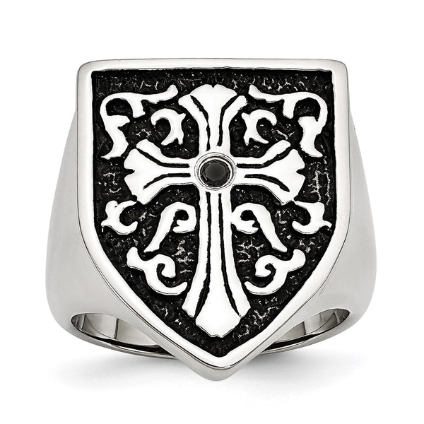 Antiqued Shield Ring with Black Diamond & Stainless Steel Cross