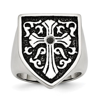 Buy Exclusive Antiqued Shield Ring with Black Diamond & Stainless Steel Cross