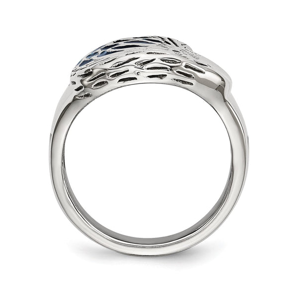 Chisel Polished Stainless Steel Eagle Ring with Blue Enamel