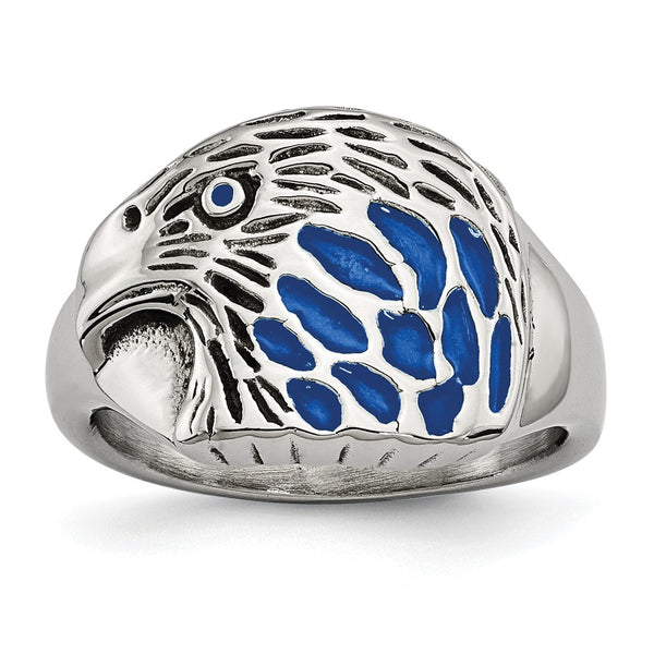 Chisel Polished Stainless Steel Eagle Ring with Blue Enamel