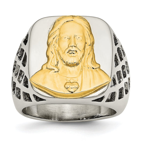 Chiseled Stainless Steel Ring with Jesus Design & Yellow IP