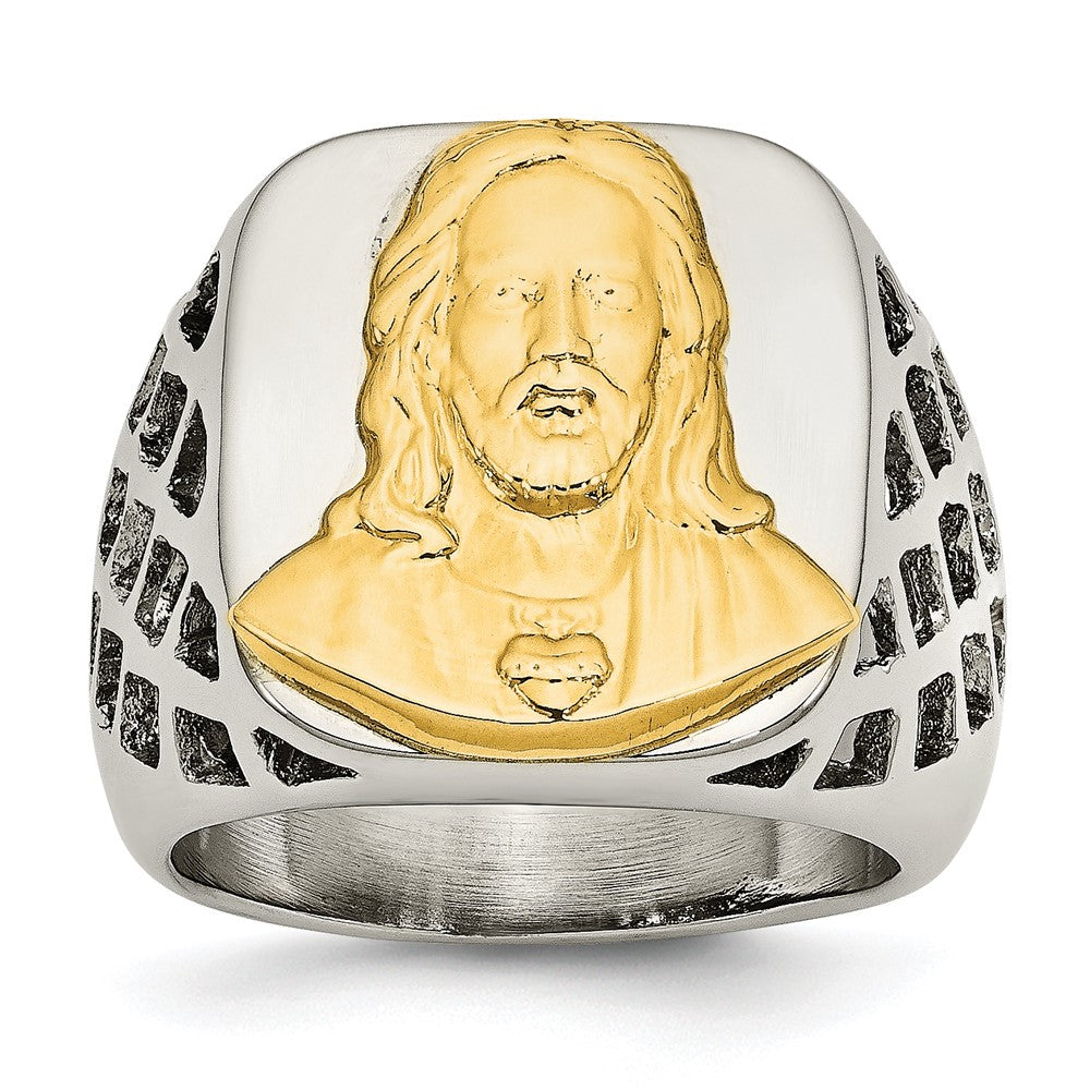 Exclusive Polished Yellow IP-Plated Jesus Ring - Stylish Chisel Stainless Steel with Silver Accents