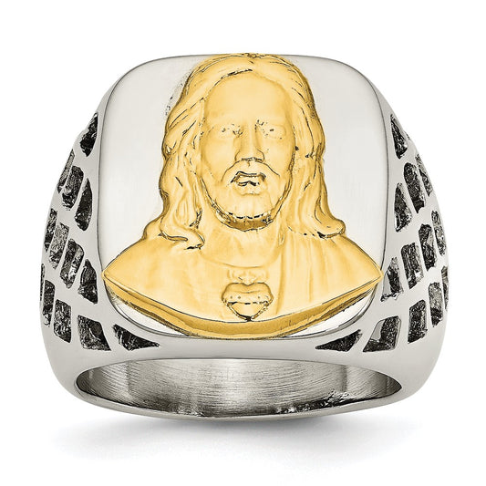 Exclusive Polished Yellow IP-Plated Jesus Ring - Stylish Chisel Stainless Steel with Silver Accents