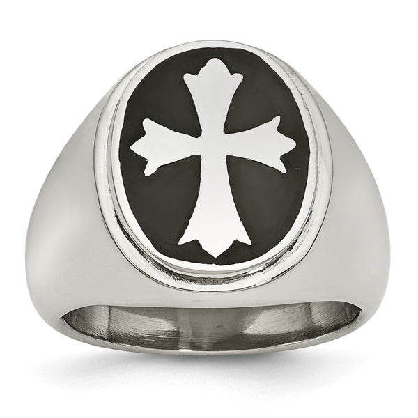 Polished Black Enameled Stainless Steel Cross Ring