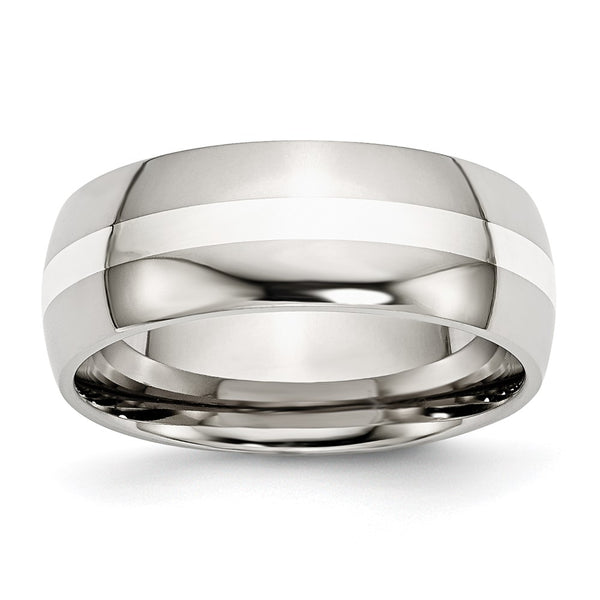 8mm Polished Chisel Band in Stainless Steel with Silver Inlay