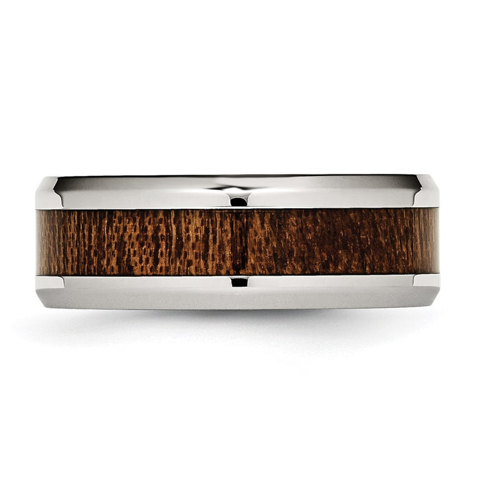 High-Quality 8mm Polished Stainless Steel Chisel Band with Brown Koa Wood Inlay-3