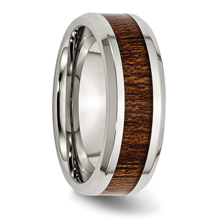 High-Quality 8mm Polished Stainless Steel Chisel Band with Brown Koa Wood Inlay-4