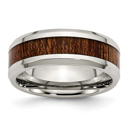 High-Quality 8mm Polished Stainless Steel Chisel Band with Brown Koa Wood Inlay