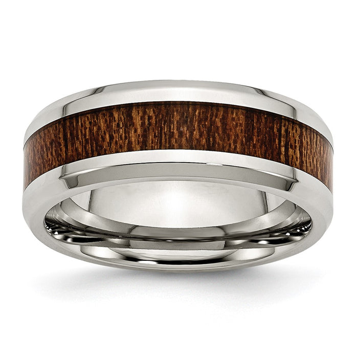 High-Quality 8mm Polished Stainless Steel Chisel Band with Brown Koa Wood Inlay-1