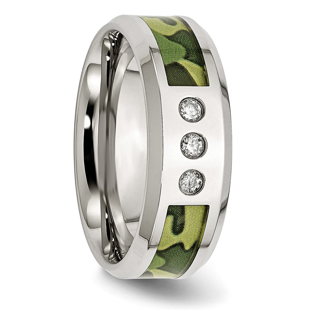 Exclusive 8mm Polished Stainless Steel Camouflage Band with 1/10 Carat Diamond