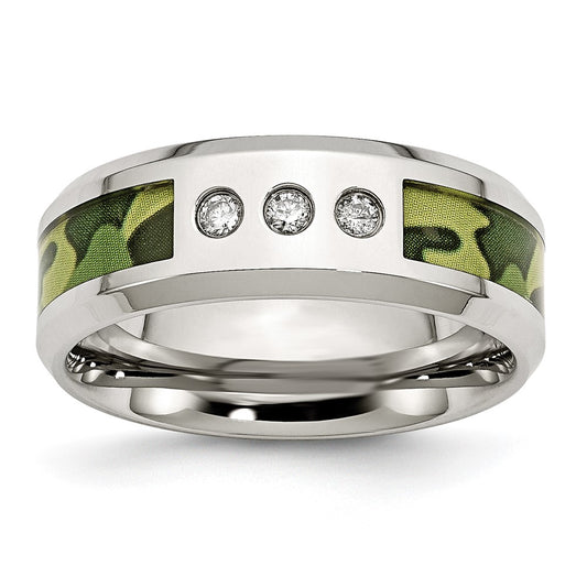 High-quality Polished Stainless Steel Camouflage Band with 1/10 Carat Diamond - Stylish 8mm Width