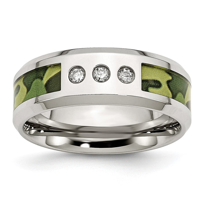 High-quality Polished Stainless Steel Camouflage Band with 1/10 Carat Diamond - Stylish 8mm Width-1
